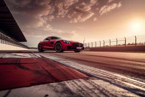 Speed Coupe parked on race track with  conveying high speed and excitement during race event photo