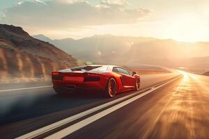 Speed Sports car racing on an open highway with red motion and distant mountains photo