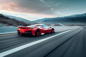 Speed Sports car racing on an open highway with red motion and distant mountains photo