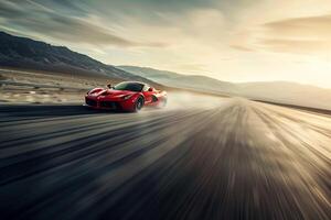 Speed Sports car racing on an open highway with red motion and distant mountains photo