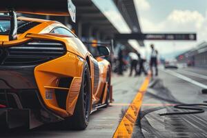 Speed Coupe parked at modern race track pit lane with mechanics working on the car during high speed racing event photo