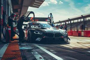 Speed Coupe parked at modern race track pit lane with mechanics working on the car during high speed racing event photo