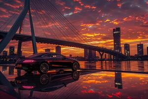 Speed Coupe parked on sleek modern bridge with city lights reflecting in the water below and colorful sunset sky photo