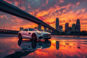 Speed Coupe parked on sleek modern bridge with city lights reflecting in the water below and colorful sunset sky photo