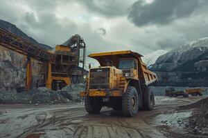 Strength Heavy duty truck parked at mining site with large machinery and rocky terrain in the background under cloudy sky photo