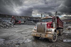 Strength Heavy duty truck parked at mining site with large machinery and rocky terrain in the background under cloudy sky photo