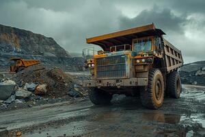 Strength Heavy duty truck parked at mining site with large machinery and rocky terrain in the background under cloudy sky photo