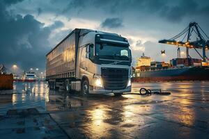 Strength Heavy duty truck parked at shipping port with cargo containers being loaded onto cargo ship in the background photo