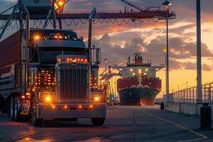 Strength Heavy duty truck parked at shipping port with cargo containers being loaded onto cargo ship in the background photo