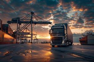 Strength Heavy duty truck parked at shipping port with cargo containers being loaded onto cargo ship in the background photo
