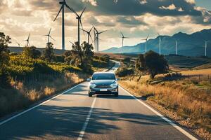 Sustainability Electric vehicle EV driving on scenic highway with wind turbines in the background emphasizing ecofriendly transportation photo