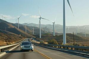 Technology Mid size hybrid car driving on highway with wind turbines generating renewable energy in the background photo