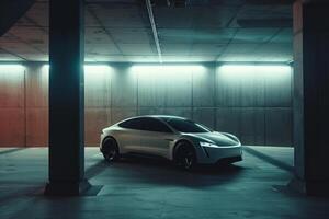Urban New electric car parked in sleek underground parking garage with lighting and minimalistic design photo
