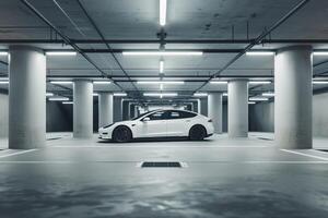 Urban New electric car parked in sleek underground parking garage with lighting and minimalistic design photo
