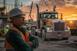 Utility Hybrid truck parked at construction site with workers in hard hats and heavy machinery showcasing its efficiency in an industrial setting photo