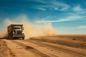 Utility Heavy duty truck driving on dusty desert road with vast expanse of sand dunes and clear blue sky photo