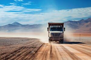 Utility Heavy duty truck driving on dusty desert road with vast expanse of sand dunes and clear blue sky photo