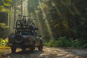Utility Compact truck loaded with mountain bikes parked at trailhead in forested arewith sunlight filtering through the trees photo