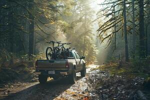 Utility Compact truck loaded with mountain bikes parked at trailhead in forested arewith sunlight filtering through the trees photo