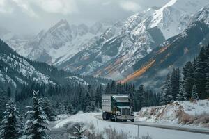 Utility Heavy duty truck hauling trailer through snowy mountain pass with pine forests and snow capped peaks photo