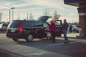 Versatility Family minivan parked at suburban shopping mall with parents loading groceries into the trunk and children getting into the back seats Background photo