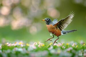 Avian Joyful American robin hopping energetically on green lawn scattered with spring blossoms with background photo