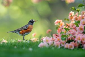 Avian Joyful American robin hopping energetically on green lawn scattered with spring blossoms with background photo