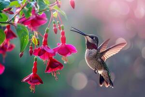 Hummingbird Feeding on FuchsiFlowers with nature background photo