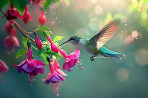 Hummingbird Feeding on FuchsiFlowers with nature background photo