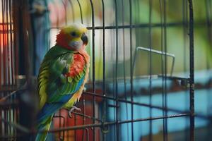 colorful parakeet peering out from its cage with nature background feathers fluffed up with inquisitiveness photo