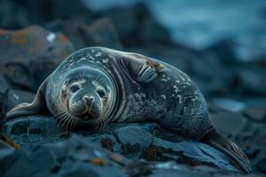 Curious Bearded seal lounging on rocky Arctic shore with nature background curiously observing its surroundings under the  Arctic twilight photo