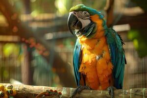 colorful parrot investigating new toy in its aviary with nature background feathers ruffled with curiosity photo