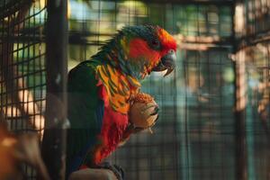 colorful parrot investigating new toy in its aviary with nature background feathers ruffled with curiosity photo