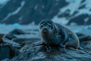 Curious Bearded seal lounging on rocky Arctic shore with nature background curiously observing its surroundings under the  Arctic twilight photo
