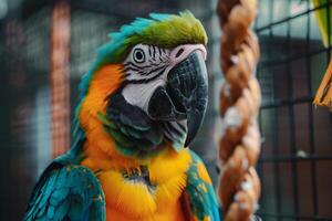 colorful parrot investigating new toy in its aviary with nature background feathers ruffled with curiosity photo