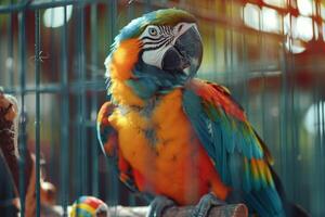 colorful parrot investigating new toy in its aviary with nature background feathers ruffled with curiosity photo