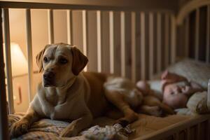 Protective Background Labrador Retriever lying beside sleeping childs crib watching over protectively with gentle eyes photo
