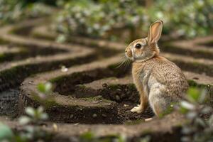 Curious Background Netherland Dwarf rabbit exploring garden maze ears twitching with every turn photo