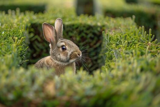 Curious Background Netherland Dwarf rabbit exploring garden maze ears twitching with every turn photo