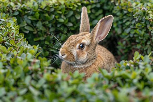 Curious Background Netherland Dwarf rabbit exploring garden maze ears twitching with every turn photo