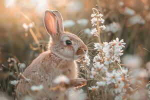 Curious Background Flemish Giant rabbit sniffing bouquet of wildflowers in sunlit meadow ears perked with curiosity photo
