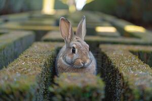 Curious Background Netherland Dwarf rabbit exploring garden maze ears twitching with every turn photo