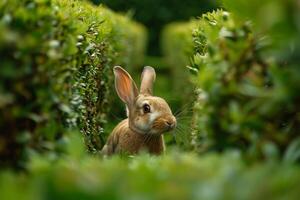 Curious Background Netherland Dwarf rabbit exploring garden maze ears twitching with every turn photo