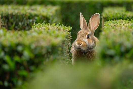 Curious Background Netherland Dwarf rabbit exploring garden maze ears twitching with every turn photo