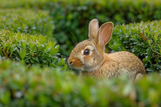Curious Background Netherland Dwarf rabbit exploring garden maze ears twitching with every turn photo