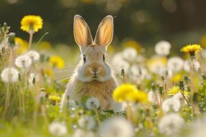 Curious Background Bunny hopping through field of dandelions in sunny garden ears perked with curiosity photo
