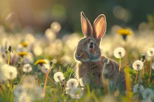 Curious Background Bunny hopping through field of dandelions in sunny garden ears perked with curiosity photo