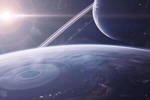 Cosmic Background Spacecraft orbiting distant planet with rings capturing the majestic of the cosmic rings against the  of stars photo