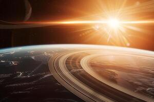 Cosmic Background Spacecraft orbiting distant planet with rings capturing the majestic of the cosmic rings against the  of stars photo
