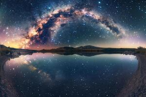 Milky Way Background The Milky Way galaxy stretching across clear night sky over serene lake reflecting its cosmic beauty on the waters surface photo